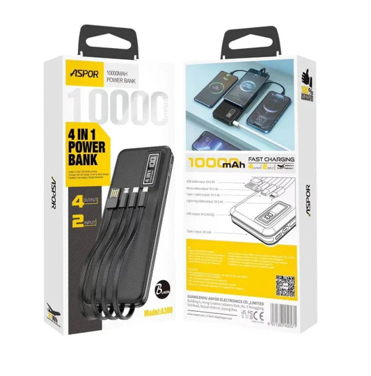 Aspor A300 Power Bank 10000mAh – 4-in-1 Fast Charge Black