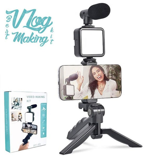 AY-49 Vlogging Kit with Mic, LED Light, Tripod & Phone Mount