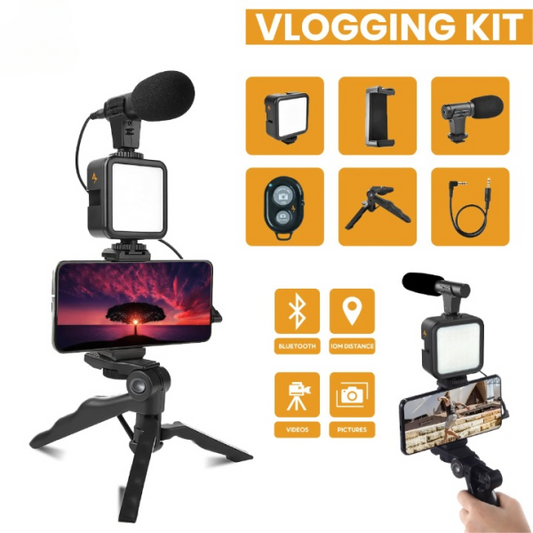 AY-49 Vlogging Kit with Mic, LED Light, Tripod & Phone Mount