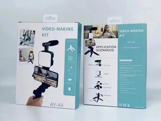 AY-49 Vlogging Kit with Mic, LED Light, Tripod & Phone Mount