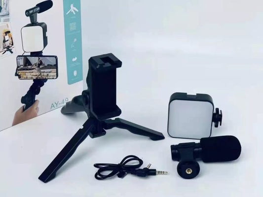 AY-49 Vlogging Kit with Mic, LED Light, Tripod & Phone Mount