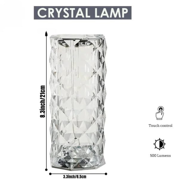 Diamond Rose Crystal Touch Lamp – 16 Colors, USB, Remote