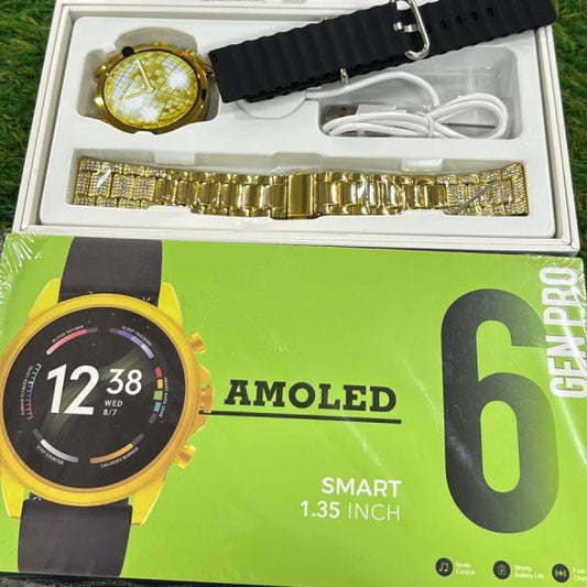 Gen Pro 6 AMOLED Smartwatch – Silicone & Gold Metal Straps